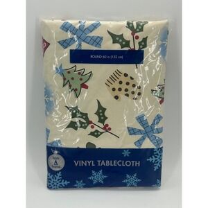 VTG Kmart Country‎ Holiday Christmas Vinyl Tablecloth Round 60" NIP Holly Trees